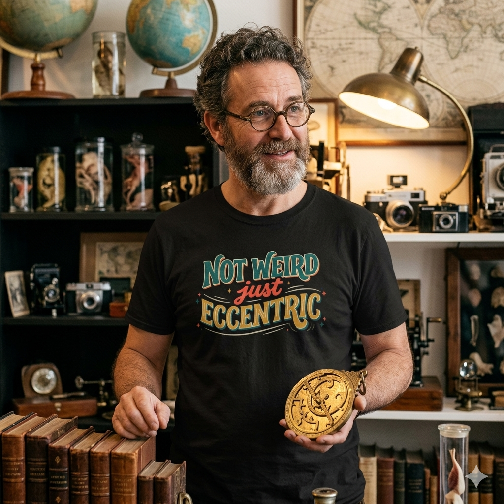 Man wearing a black t-shirt with 'Not Weird Just Eccentric' text, holding a gold coin in a vintage room.