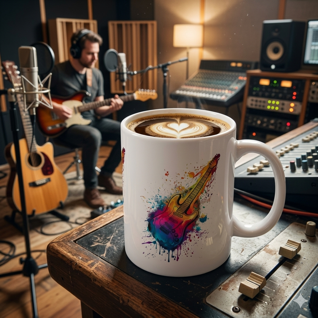White mug with colourful paint splash guitar design on a table in a music studio with a person playing guitar in the background.