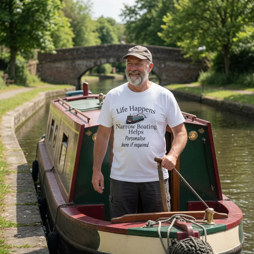 Man standing on a narrowboat with a scenic background wearing a white customised t-shirt with text life happens narrow boating helps  standing by a canal with a boat in the background