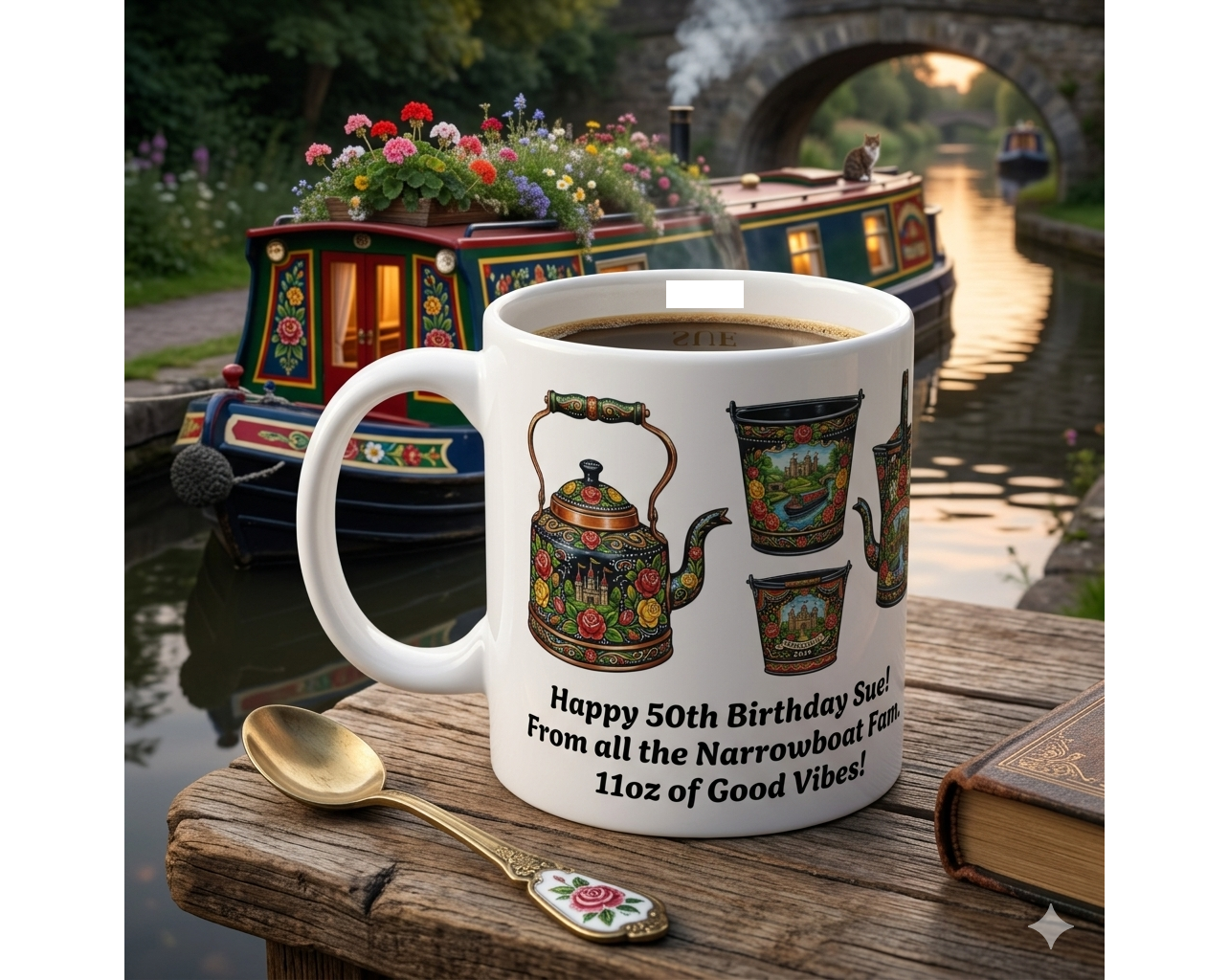 personalised  canal art Mug with teapot design and birthday message on a wooden surface with a canal and boat in the background