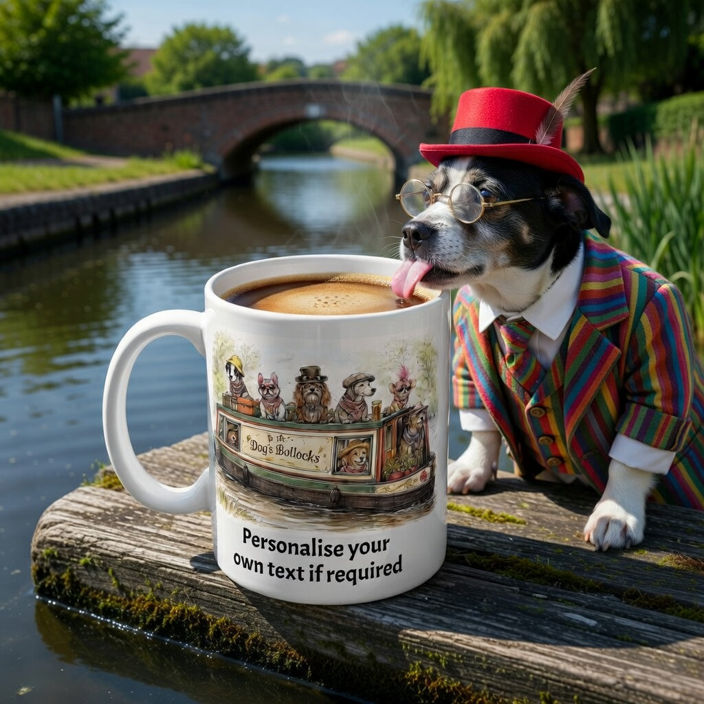 Dog in a suit with a mug of coffee by a canal