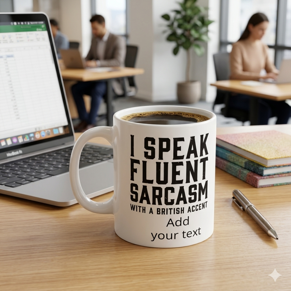 Mug with 'I speak fluent sarcasm with a British accent' text on a desk with a laptop and books.