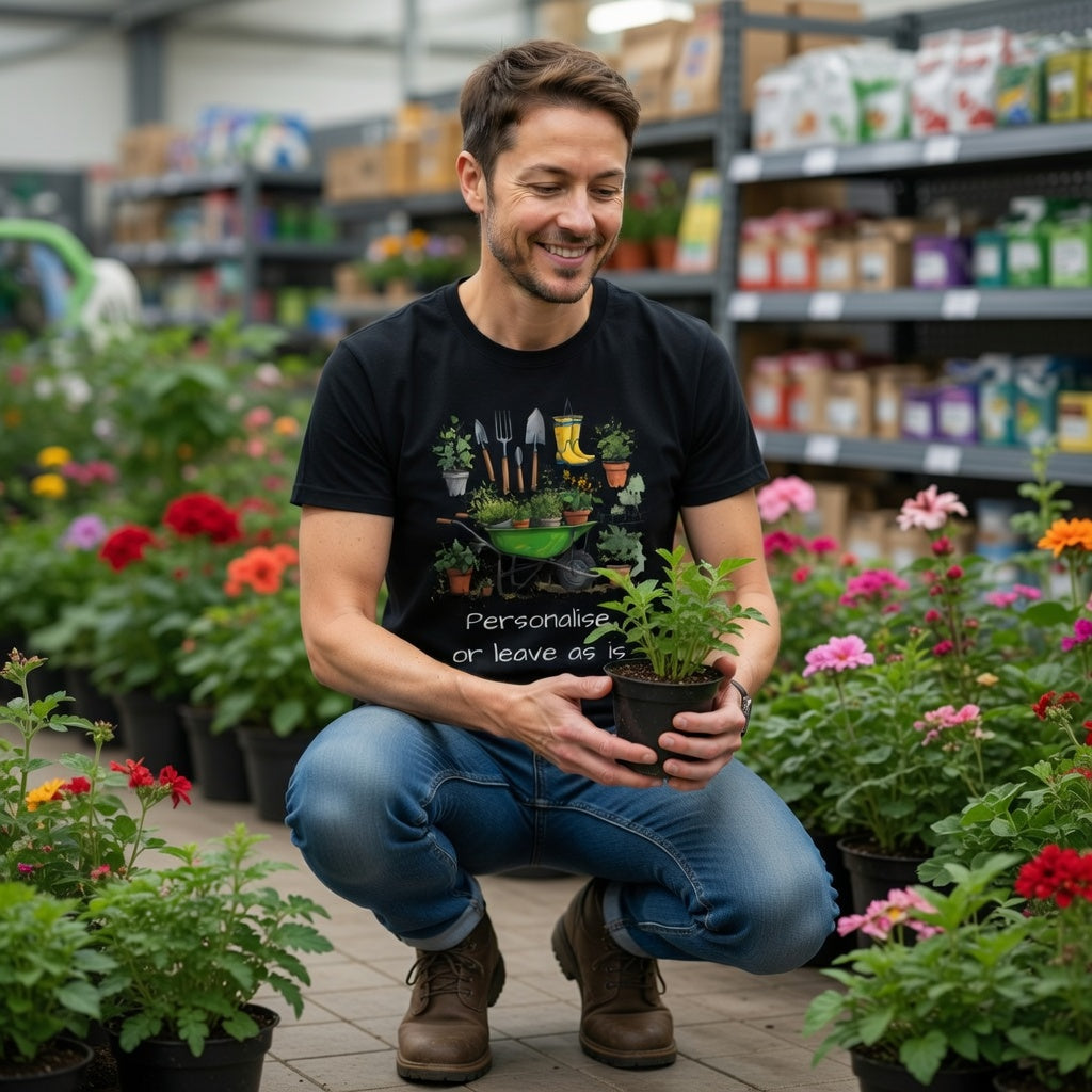 Man holding a potted plant in a garden centre surrounded by flowers and plants. Wearing a black garden theme t shirt