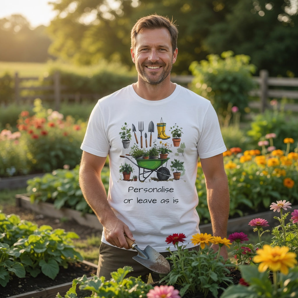Man standing in a garden wearing a white customised t-shirt with gardening-themed design.