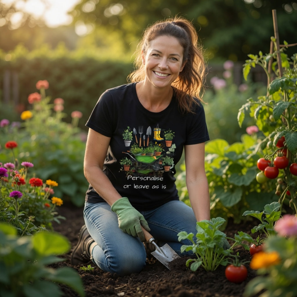 Woman wearing a garden design  t shirt  gardening  in a lush garden with plants and flowers around her.