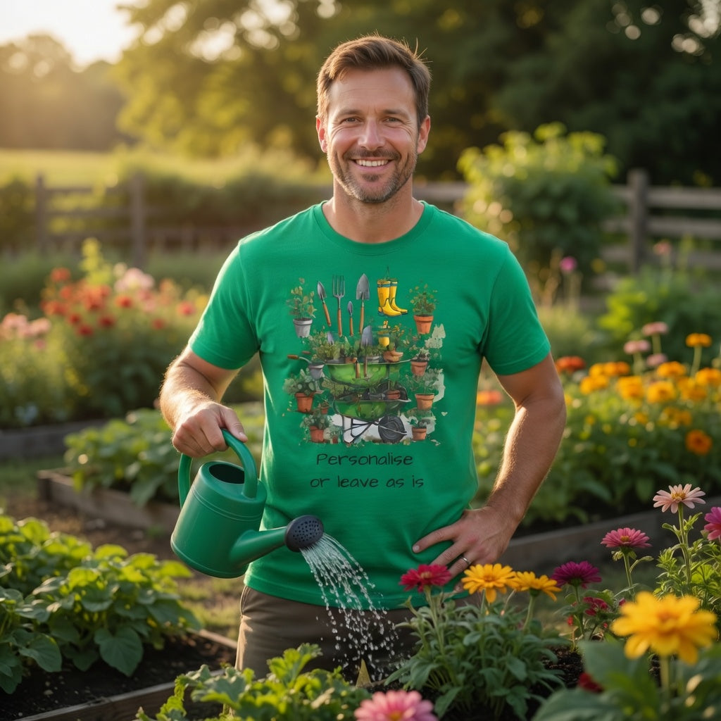 Man in a garden wearing a green t-shirt with gardening graphics, holding a watering can.