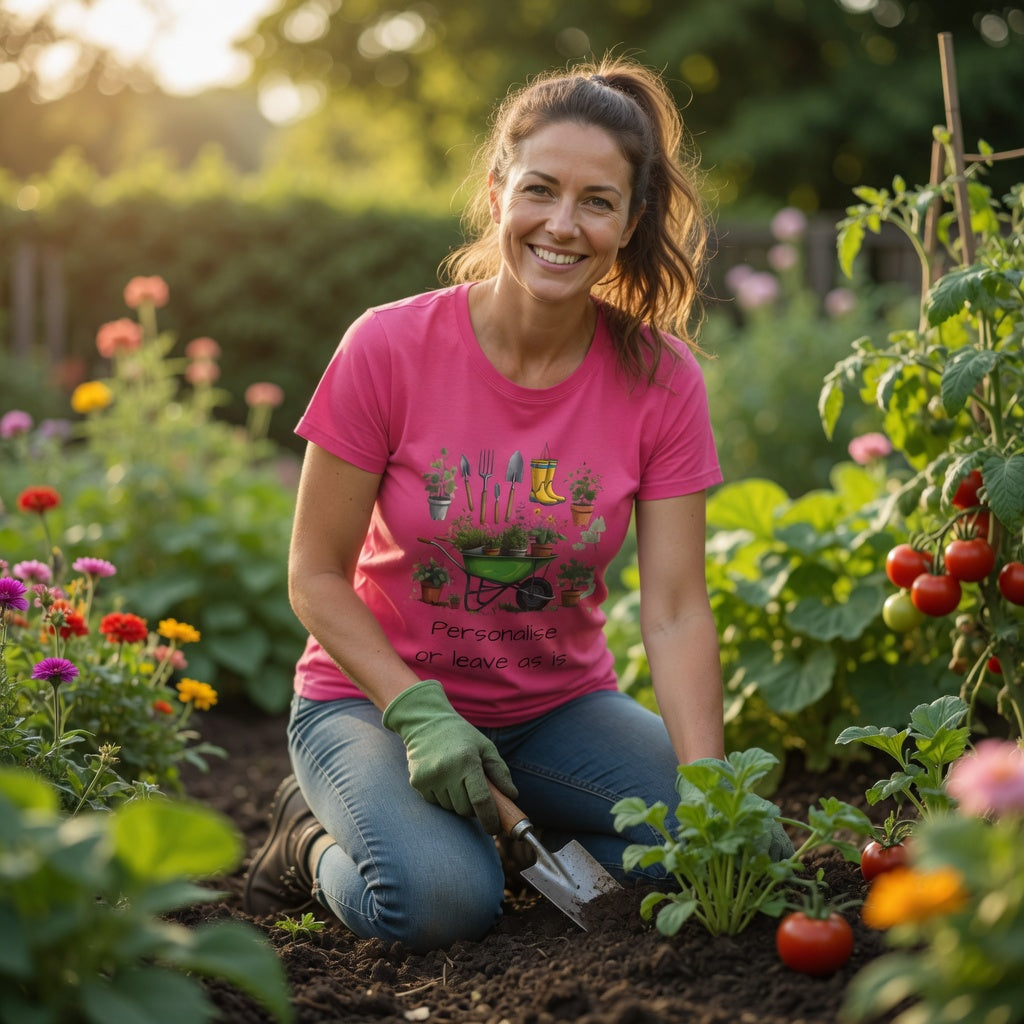 Woman in a pink garden theme  t-shirt gardening in a colourful  garden