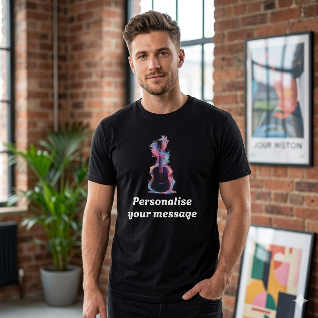 Man wearing black t-shirt with a colourful neon swirling acoustic guitar design and customizable text from Fat Boris Guitar Shed."