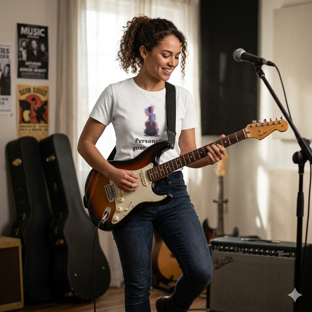 Woman wearing a customised t shirt playing electric guitar in a music studio with posters and equipment in the background