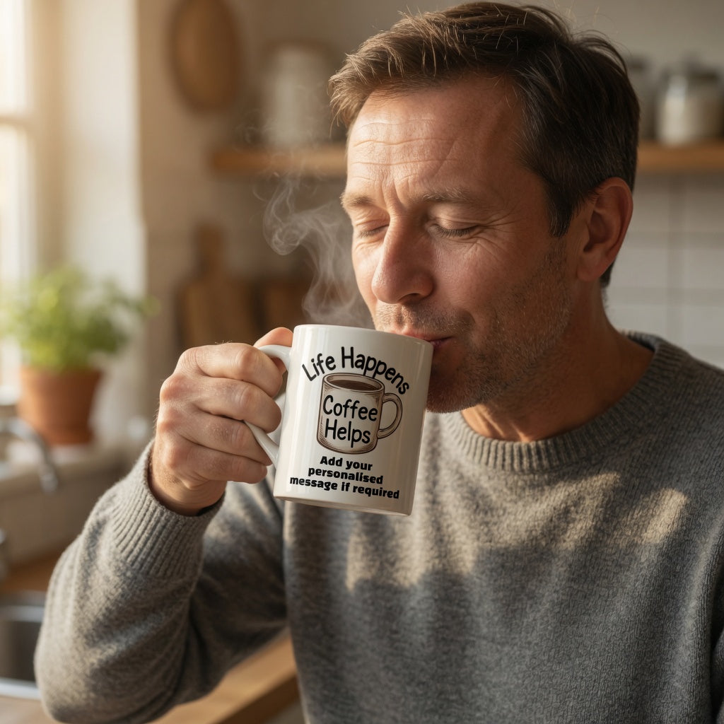 Man drinking from a customised  mug with text  life happens coffee helps in a kitchen setting