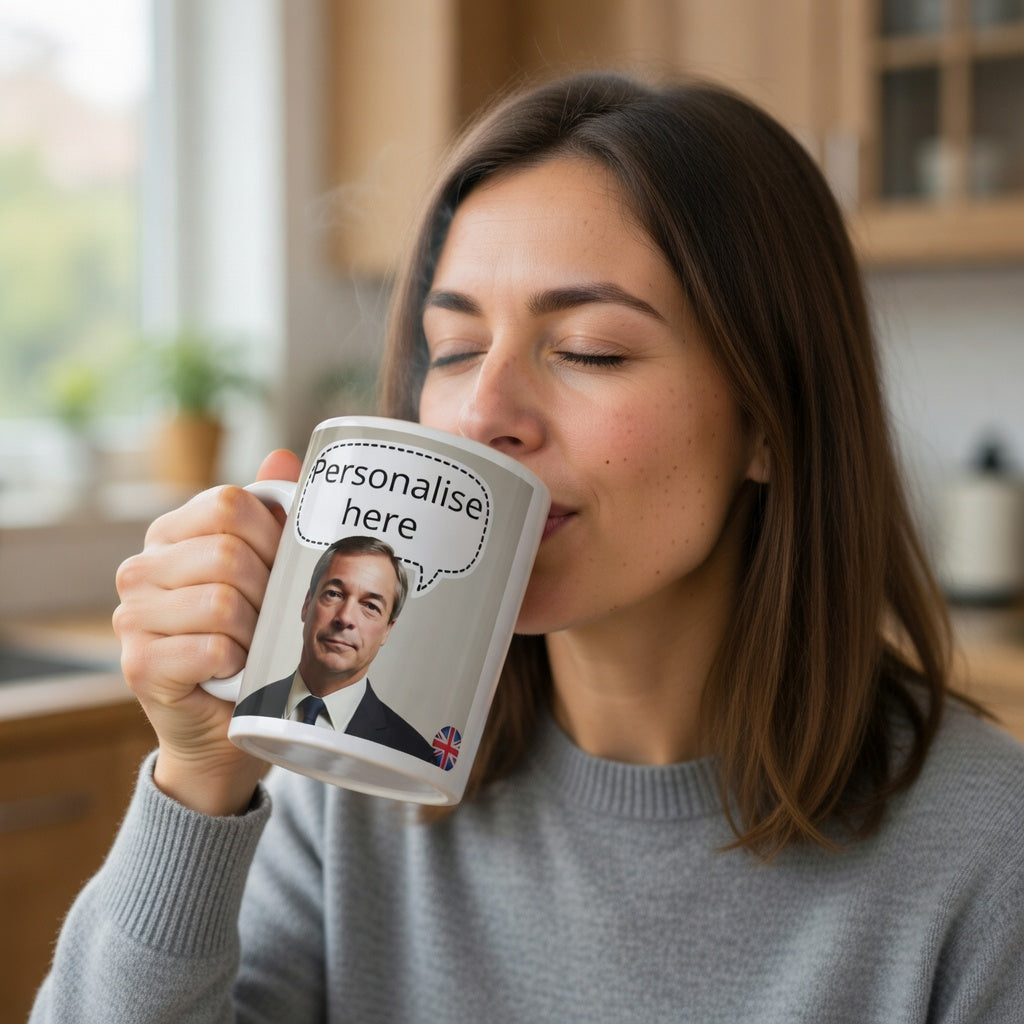 Woman drinking  from a personalised  speech bubble, Nigel Farage coffee mug with speech bubble