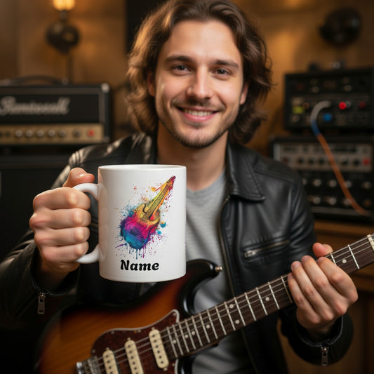 Musician holding a mug with a colourful guitar design and personalised  'Name' text, standing in front of musical equipment.