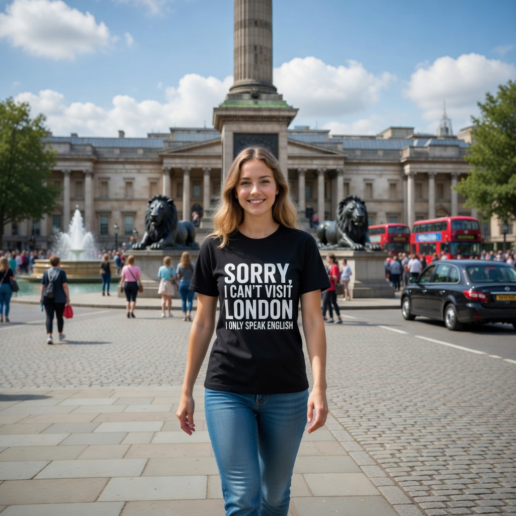 Woman wearing a black graphic shirt sorry I can't visit London I can't speak English in Trafalgar square London