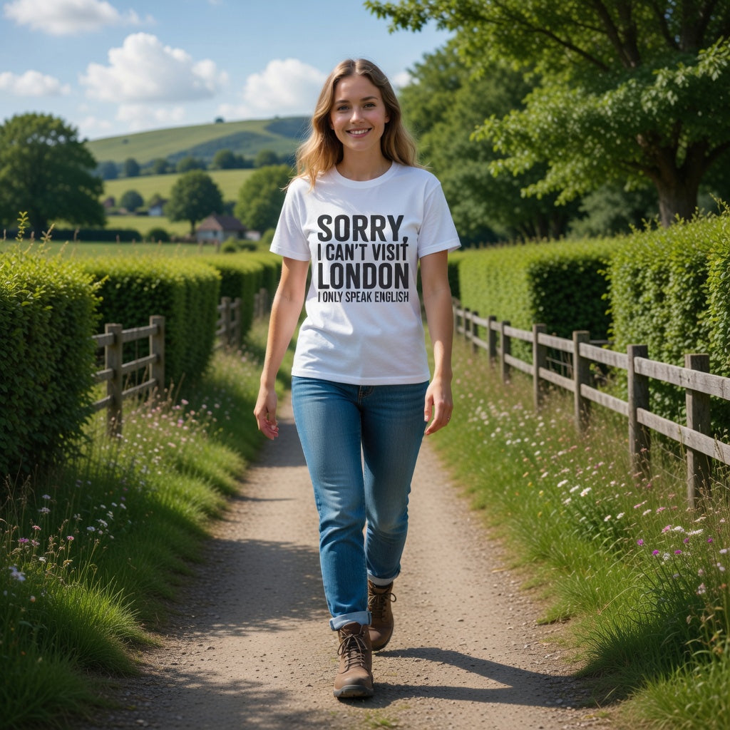 Woman walking in countryside wearing a white t shirt with distressed graphic sorry I can't visit London I can't speak English immigration satire