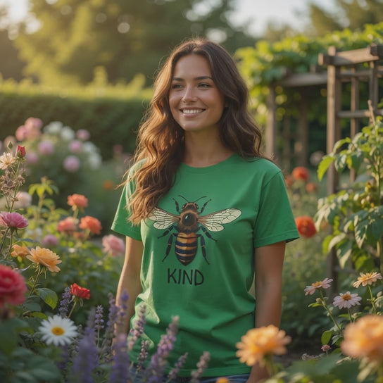 "Video green Bee Kind unisex t-shirt with detailed bee graphic and KIND text, Fat Boris Fun Collection"
