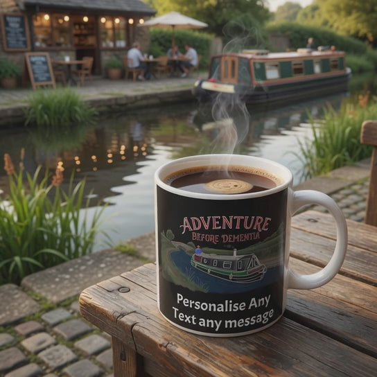 video Adventure Before Dementia personalised narrowboat canal boat mug with custom text option