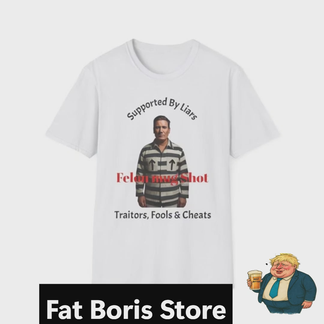 Short video showing kier Starmer t shirt graphic dressed in prison clothes mug shot political satire