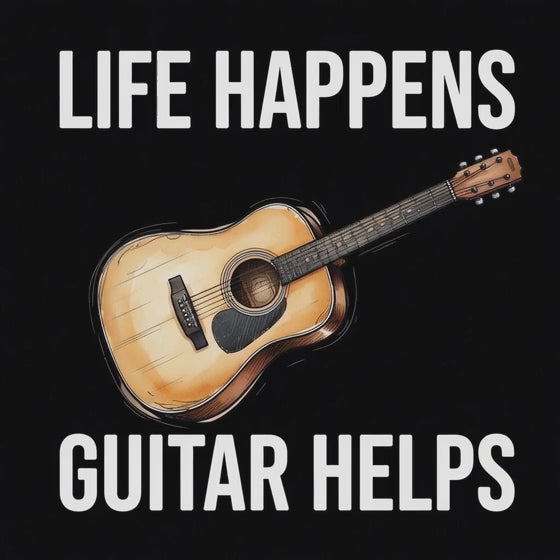 VIDEO LIFE HAPPENS GUITAR HELPS GRAPHIC BLACK T SHIRT 