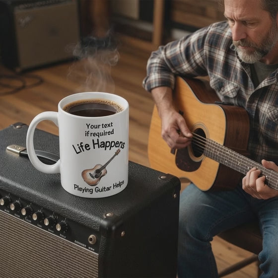 video of a coffee mug graphic life happens playing guitar helps can be personalised