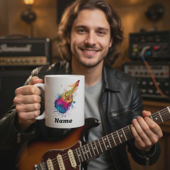 Video of a musician holding a guitar splash design coffee mug with a personalised name print 