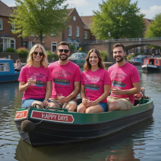 video of people on a canal wearing pink t shirts WTH cruising and boozing graphic