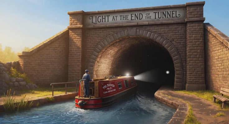 video canal boat going into a tunnel