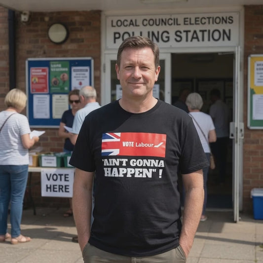 Video  Vote labour ain't gonna happen graphic on black t shirt man standing outside local council polling booth