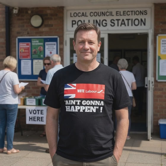 Video  Vote labour ain't gonna happen graphic on black t shirt man standing outside local council polling booth