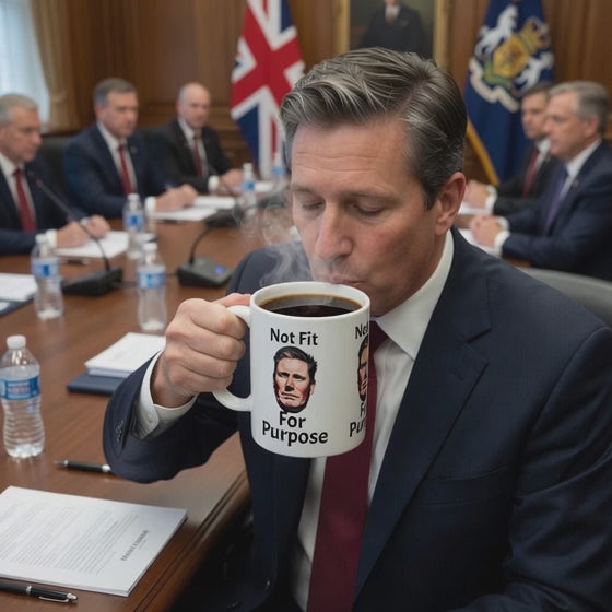 video man drinking from Coffee mug with kier Starmer face and graphic not fit for purpose
