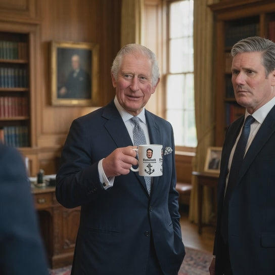Video king Charles presenting kier Starmer with a political satire coffee mug graphic Starmer massive anchor