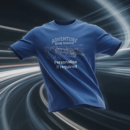 video Adventure before dementia canal boat graphic blue t shirt with personalise option