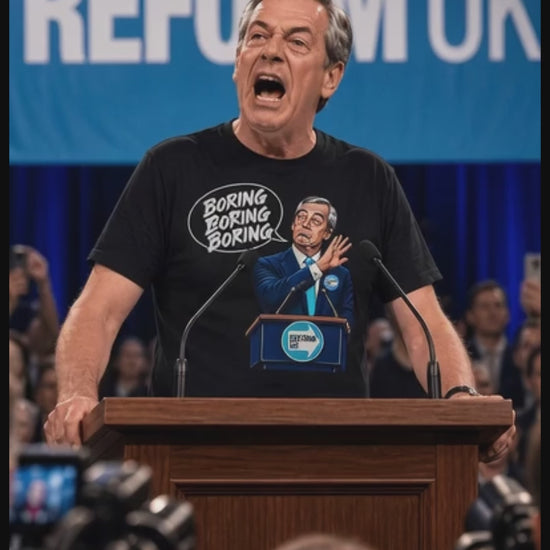 video nigel farage giving a speech wearing a t shirt with boring boring boring text on 