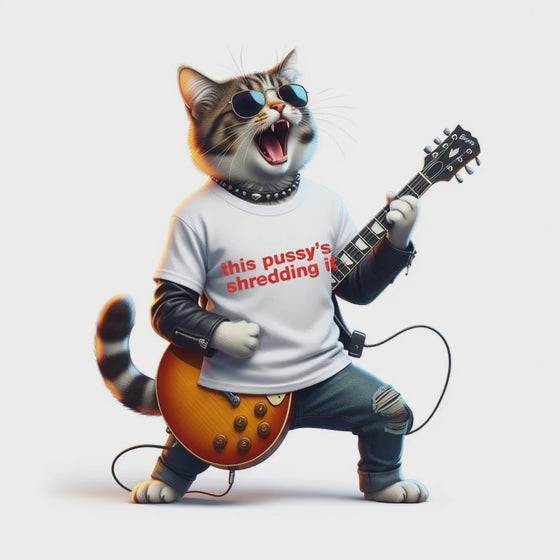  Video Cat rock guitar player with white t shirt design cat playing guitar this pussy's shredding it