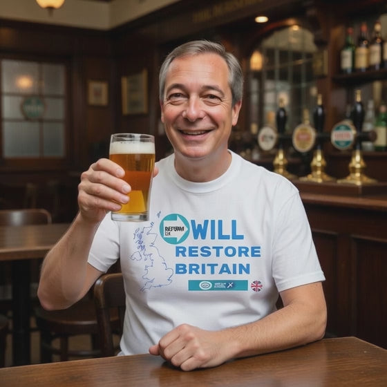 video of Nigel Farage in a pub holding a glass of beer, wearing a white t-shirt with reform UK will restore Britain political satire graphic 