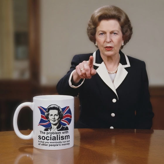 Video Margaret Thatcher coffee mug with famous quote "The problem with socialism is that you eventually run out of other people's money" on Union Jack background – Conservative gift from Fat Boris Store