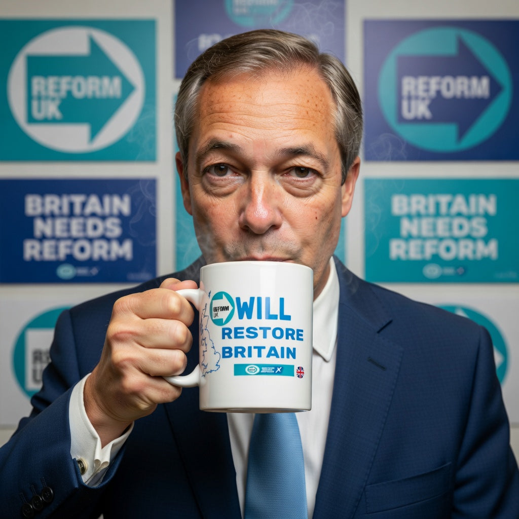 Nigel Farage image drinking from a coffee mug with reform UK will restore Britain graphic