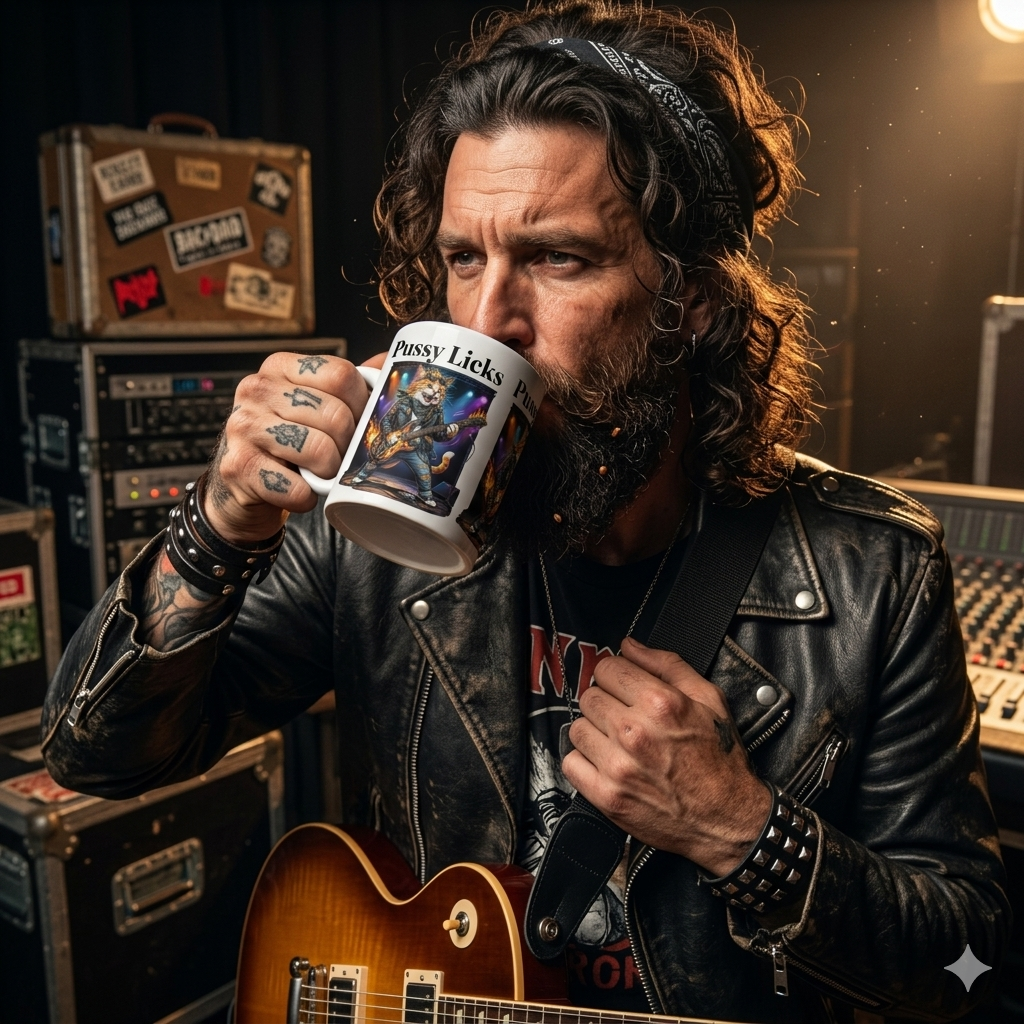 Guitar player  in leather jacket drinking from a mug  with graphic cat rock star and text pussy licks with a guitar and equipment in the background 