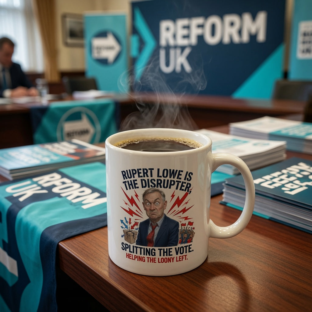 Rupert Lowe Mug with a political graphic and text on a table with Reform UK materials