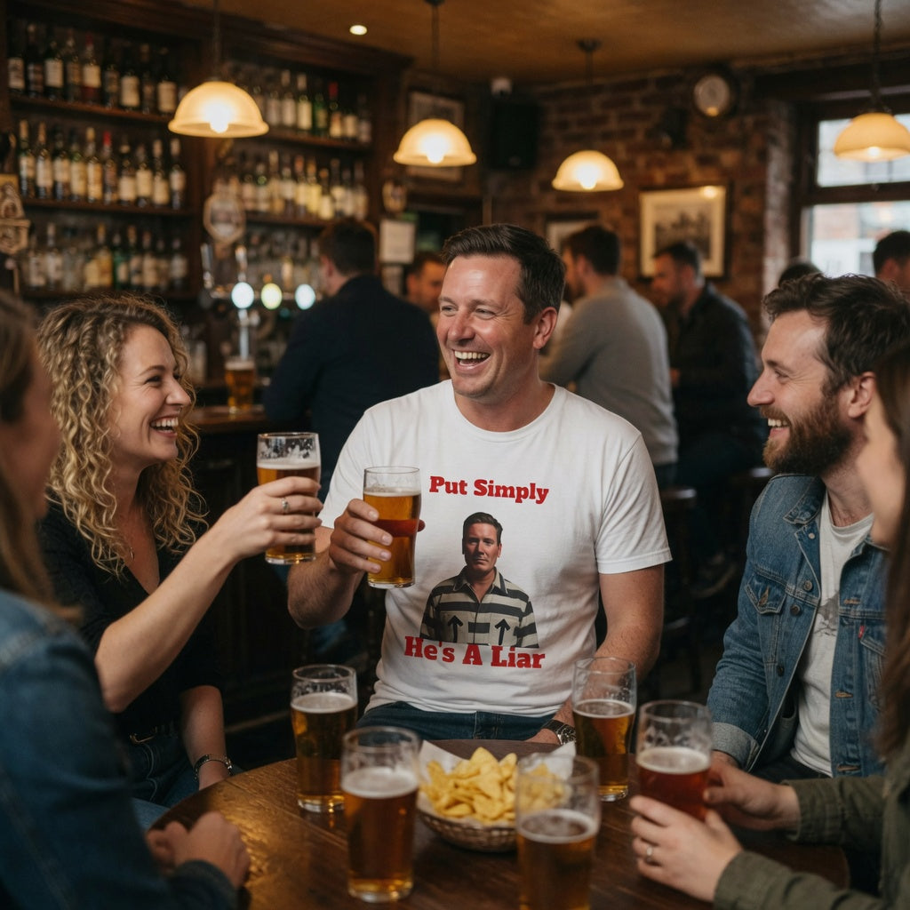 People in a bar enjoying drinks and food, with a man in a  Kier Starmer 'Put Simply He's A Liar' t-shirt.