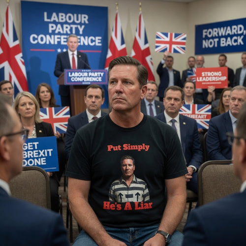 Person wearing a t-shirt with a political message starmer simply put is a liar  at a conservative  Party Conference.
