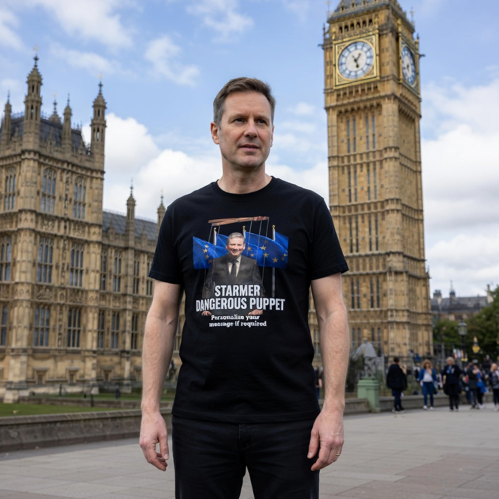 Person wearing a black t-shirt with a kier starmer puppet graphic and text, standing in front of Big Ben and the Palace of Westminster.