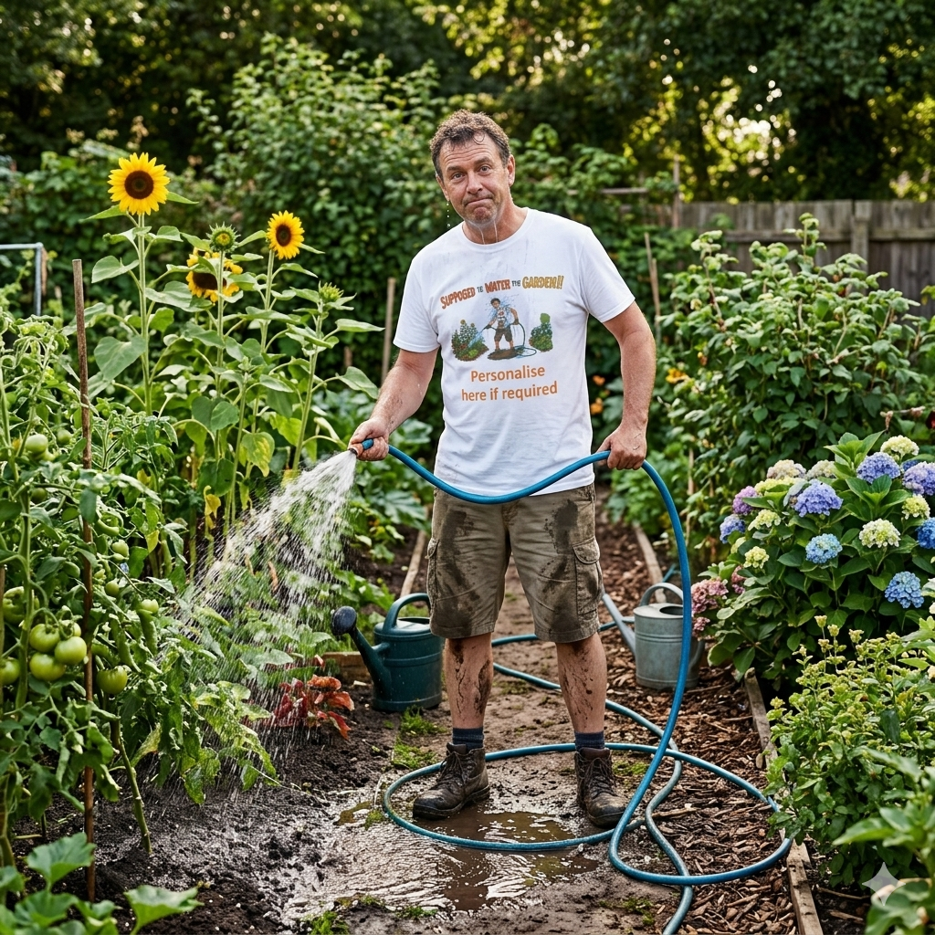 Man watering plants in a garden wearing a white t-shirt with graphics and text. Supposed to be watering the garden