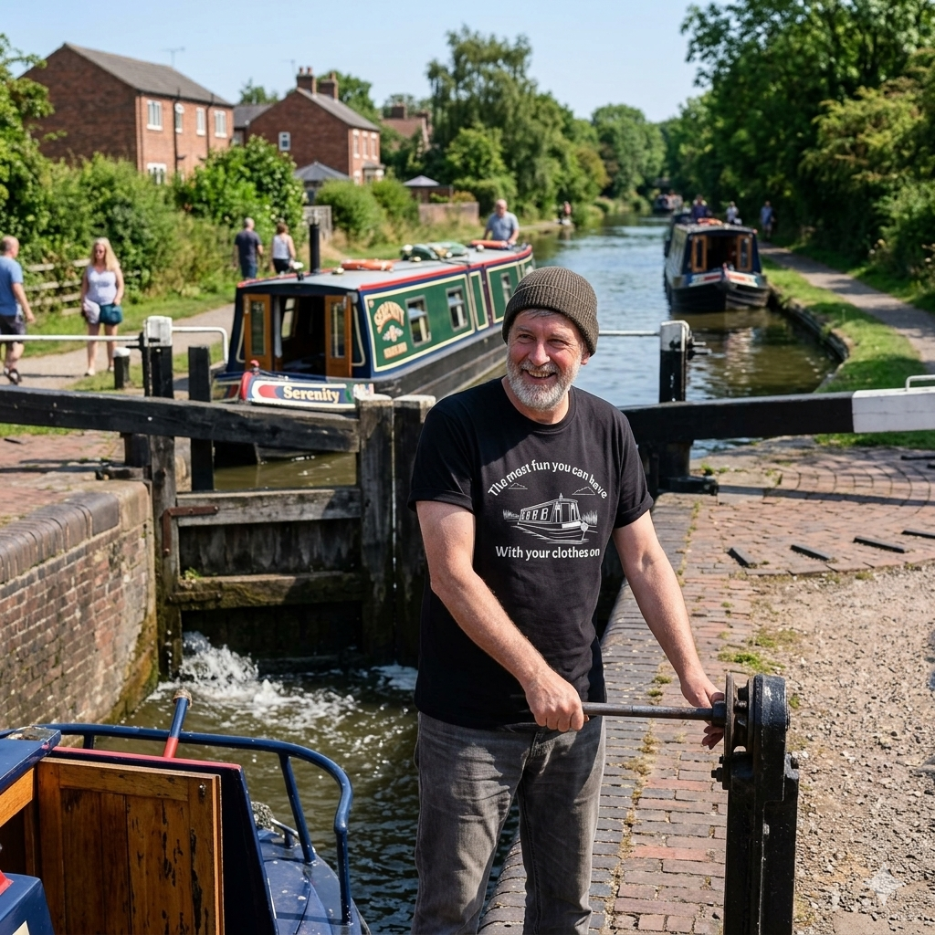 "Black t-shirt featuring a white line black t shirt with drawing of a narrowboat on a canal with the humorous text 'The most fun you can have with your clothes on' from the Fat Boris Store Canal Collection."