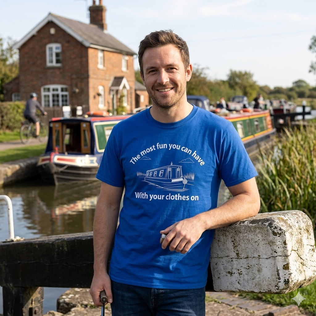 "Black t-shirt featuring a white line Blue t shiet with drawing of a narrowboat on a canal with the humorous text 'The most fun you can have with your clothes on' from the Fat Boris Store Canal Collection."