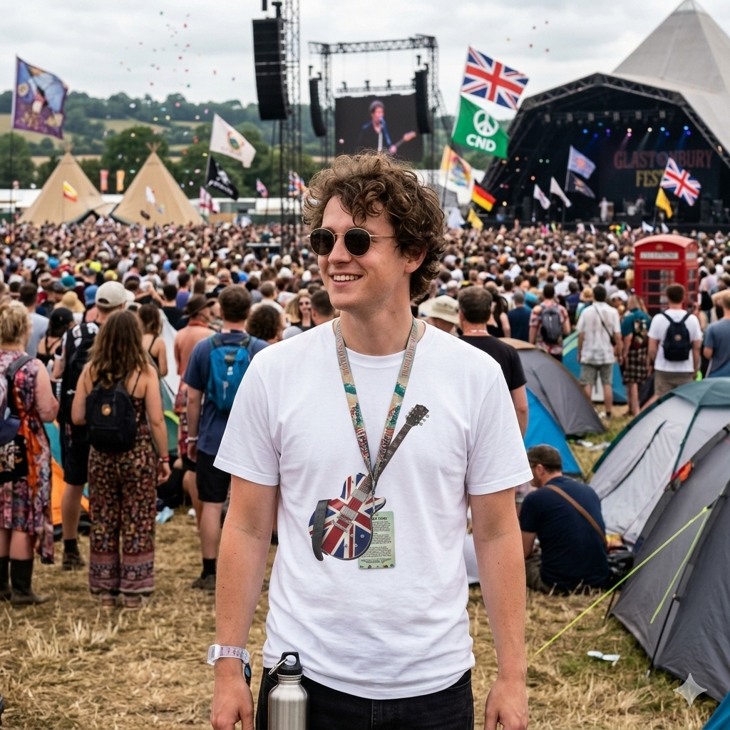 Man wearing a Union Jack flag guitar graphic on T-Shirt Glastonbury Festival