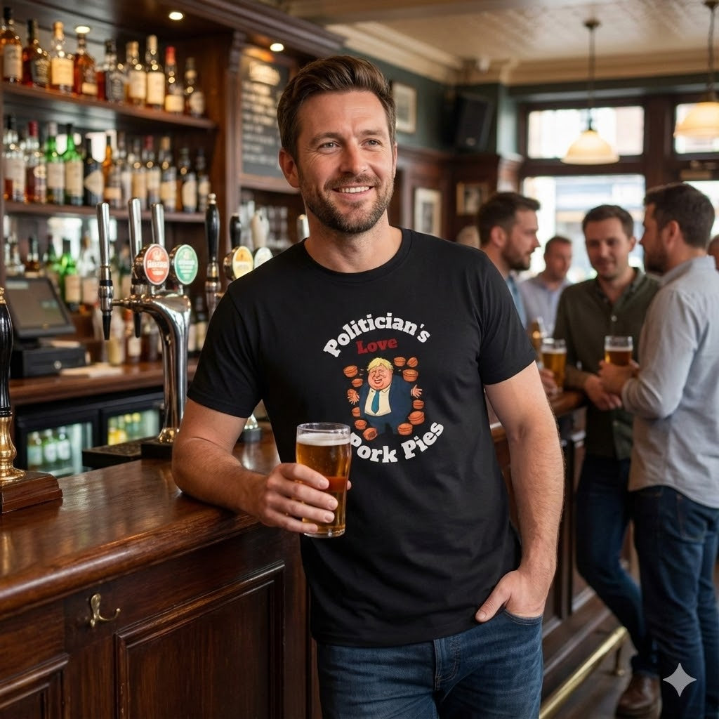 Man in a bar holding a beer, wearing a black t-shirt with a graphic    "politician's love pork pies" design 