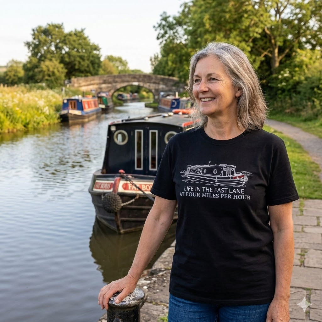 Fat Boris Canal Boat T-Shirt — "Life in the Fast Lane at Four Miles Per Hour" Vintage Narrowboat Tee