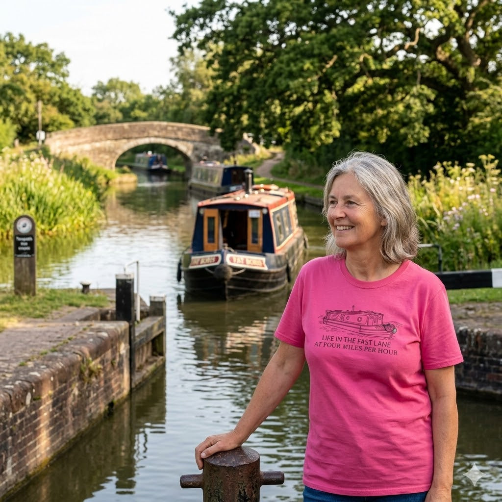 Fat Boris Canal Boat T-Shirt — "Life in the Fast Lane at Four Miles Per Hour" Vintage Narrowboat Tee