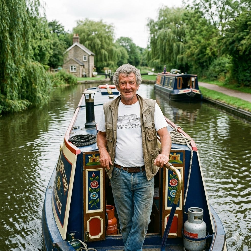 Fat Boris Canal Boat T-Shirt — "Life in the Fast Lane at Four Miles Per Hour" Vintage Narrowboat Tee