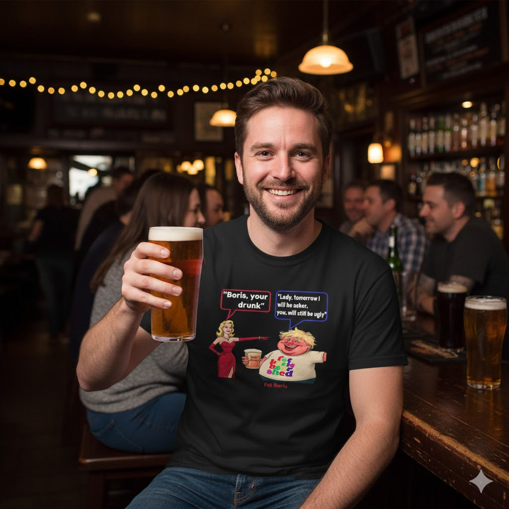 Man in a bar holding a beer mug, wearing a humorous t-shirt. Funny 'Boris Your Drunk' T-Shirt — Churchill Quote Parody

"Boris you're drunk"&nbsp; "Lady, tomorrow I will be sober, you will still be ugly"